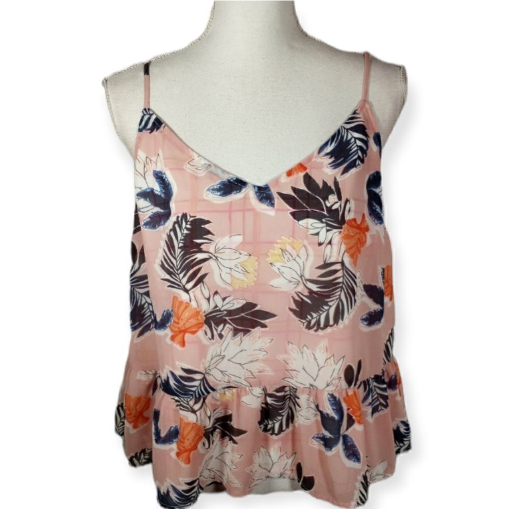 A NEW DAY PINK & ORANGE FLORAL CAMI W/BOTTOM RUFFLE SZ.M EUC